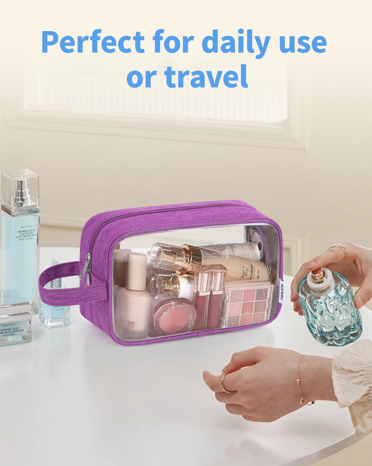 Clear Travel Toiletry Bags for Traveling Toiletries Men Women, Clear Makeup Bag Cosmetic Bag with Zipper, Make Up Pouch Organizer Bag with Handle, Skincare Beach Snack Medicine Bag, Black