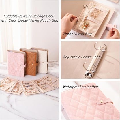 Travel Jewelry Organizer Case, Graduation Gifts for Women Girls, Jewlery Storage Book Binder and Clear Velvet Pouch Jewlery Bag for Rings Necklaces Earrings Bracelets