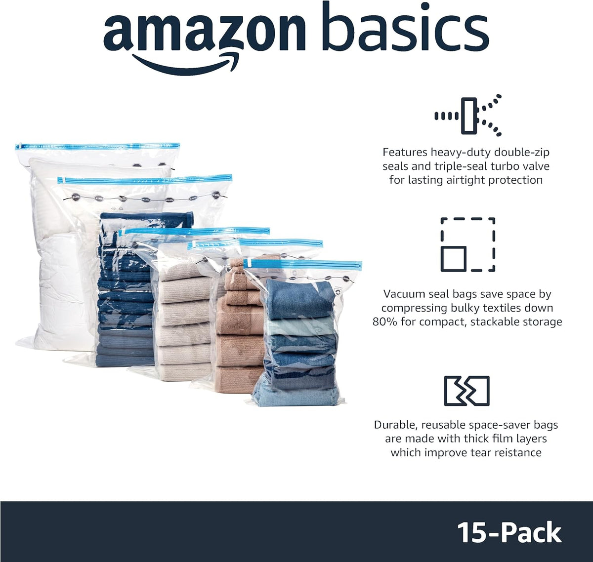 Vacuum Storage Bags for Clothes, Compression Space Saving Storage Bags with Hand Pump, Reusable, Heavy-Duty Seal Protection, Multiple Sizes, White, 15-Pack