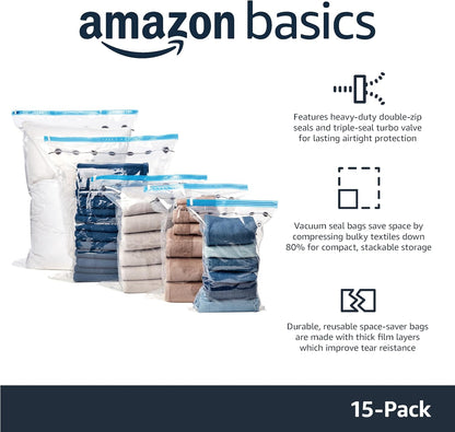 Vacuum Storage Bags for Clothes, Compression Space Saving Storage Bags with Hand Pump, Reusable, Heavy-Duty Seal Protection, Multiple Sizes, White, 15-Pack