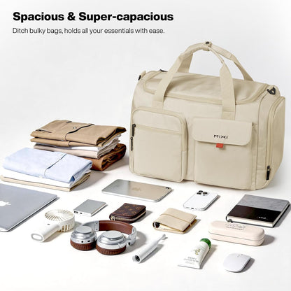 17" Underseat Carry-On Luggage Travel Tote, Water-Resistant, Beige | Soft Lightweight Weekender Bag/Airline Approved/33L Capacity/Multi-Pocket/Fits up to 16-inch Laptop/Separate Shoe Compartment