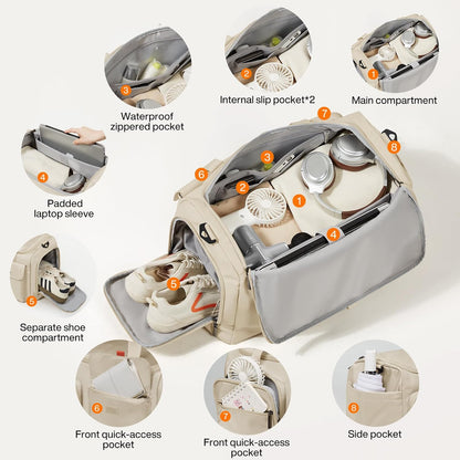 17" Underseat Carry-On Luggage Travel Tote, Water-Resistant, Beige | Soft Lightweight Weekender Bag/Airline Approved/33L Capacity/Multi-Pocket/Fits up to 16-inch Laptop/Separate Shoe Compartment