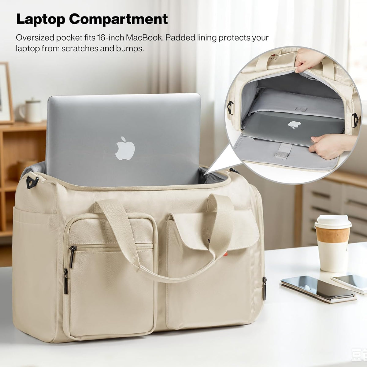 17" Underseat Carry-On Luggage Travel Tote, Water-Resistant, Beige | Soft Lightweight Weekender Bag/Airline Approved/33L Capacity/Multi-Pocket/Fits up to 16-inch Laptop/Separate Shoe Compartment