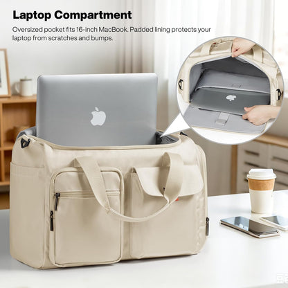 17" Underseat Carry-On Luggage Travel Tote, Water-Resistant, Beige | Soft Lightweight Weekender Bag/Airline Approved/33L Capacity/Multi-Pocket/Fits up to 16-inch Laptop/Separate Shoe Compartment