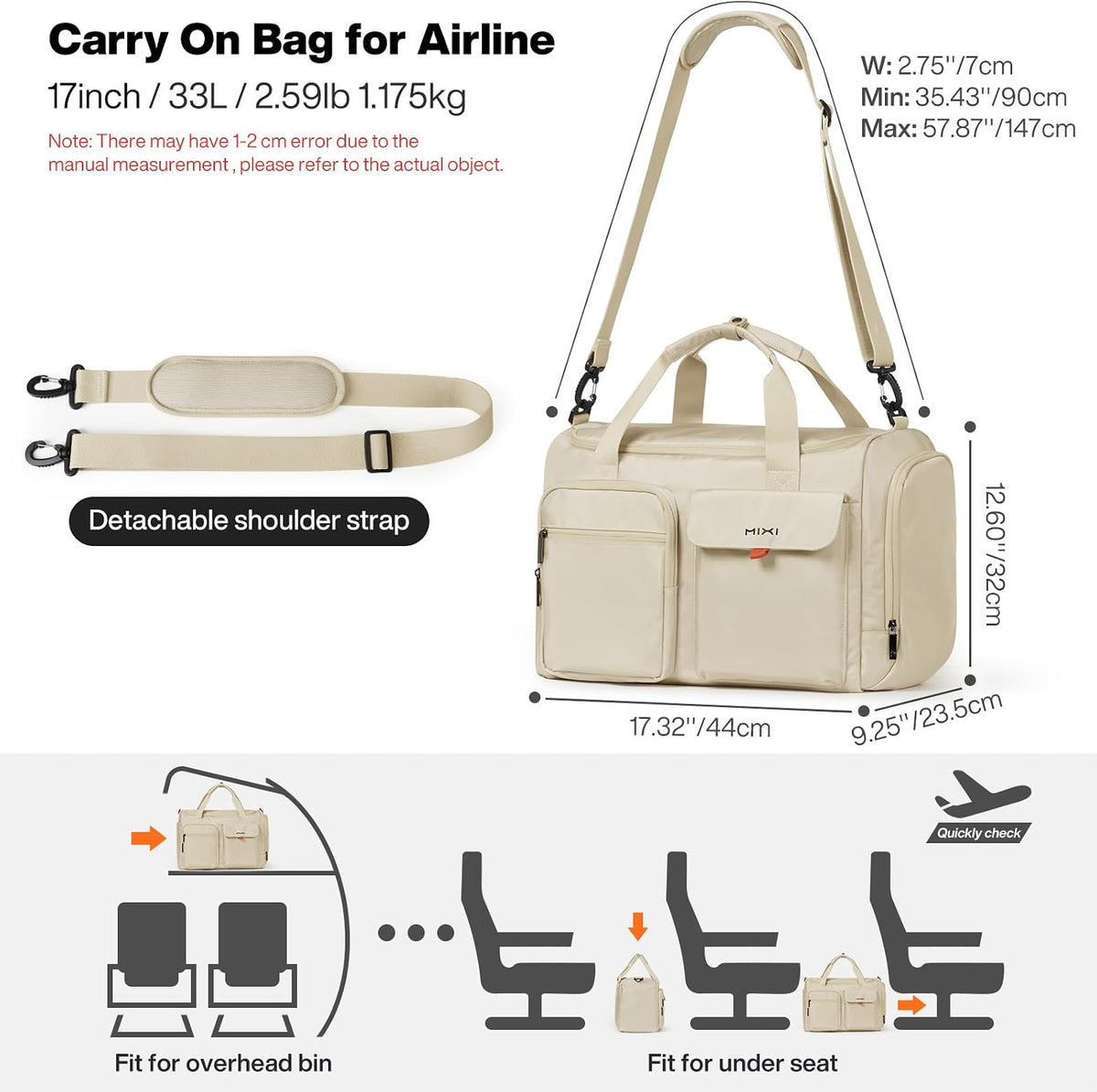 17" Underseat Carry-On Luggage Travel Tote, Water-Resistant, Beige | Soft Lightweight Weekender Bag/Airline Approved/33L Capacity/Multi-Pocket/Fits up to 16-inch Laptop/Separate Shoe Compartment