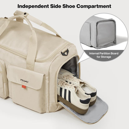 17" Underseat Carry-On Luggage Travel Tote, Water-Resistant, Beige | Soft Lightweight Weekender Bag/Airline Approved/33L Capacity/Multi-Pocket/Fits up to 16-inch Laptop/Separate Shoe Compartment