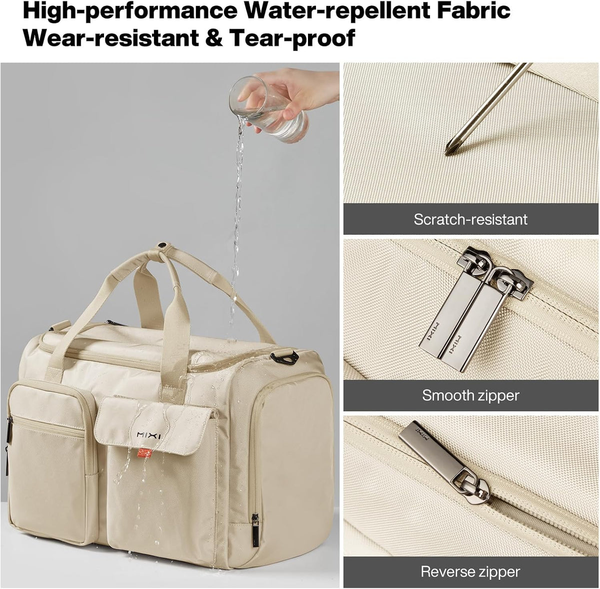 17" Underseat Carry-On Luggage Travel Tote, Water-Resistant, Beige | Soft Lightweight Weekender Bag/Airline Approved/33L Capacity/Multi-Pocket/Fits up to 16-inch Laptop/Separate Shoe Compartment