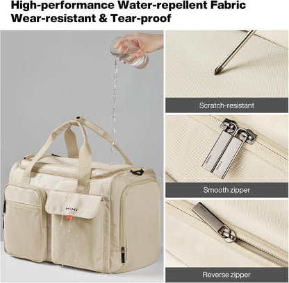 17" Underseat Carry-On Luggage Travel Tote, Water-Resistant, Beige | Soft Lightweight Weekender Bag/Airline Approved/33L Capacity/Multi-Pocket/Fits up to 16-inch Laptop/Separate Shoe Compartment