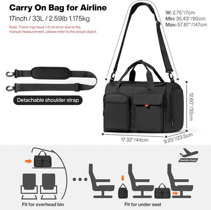 17" Underseat Carry-On Luggage Travel Tote, Water-Resistant, Beige | Soft Lightweight Weekender Bag/Airline Approved/33L Capacity/Multi-Pocket/Fits up to 16-inch Laptop/Separate Shoe Compartment