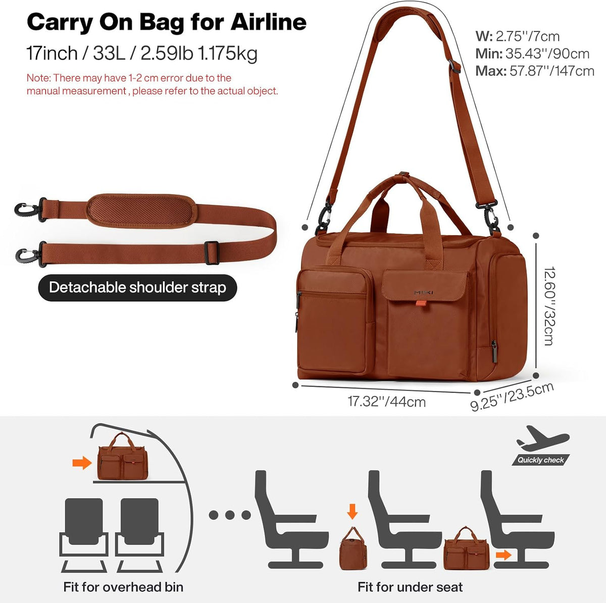 17" Underseat Carry-On Luggage Travel Tote, Water-Resistant, Beige | Soft Lightweight Weekender Bag/Airline Approved/33L Capacity/Multi-Pocket/Fits up to 16-inch Laptop/Separate Shoe Compartment