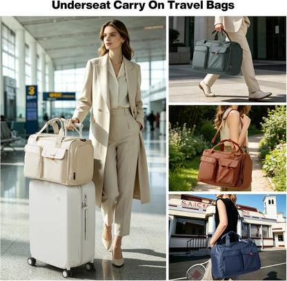17" Underseat Carry-On Luggage Travel Tote, Water-Resistant, Beige | Soft Lightweight Weekender Bag/Airline Approved/33L Capacity/Multi-Pocket/Fits up to 16-inch Laptop/Separate Shoe Compartment