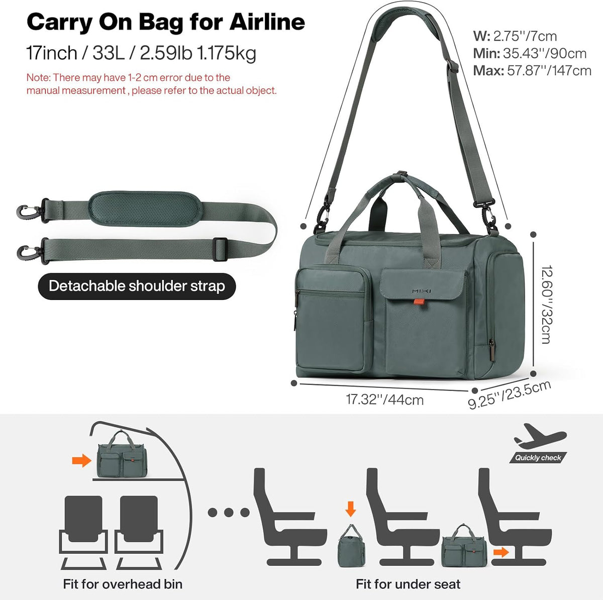 17" Underseat Carry-On Luggage Travel Tote, Water-Resistant, Beige | Soft Lightweight Weekender Bag/Airline Approved/33L Capacity/Multi-Pocket/Fits up to 16-inch Laptop/Separate Shoe Compartment