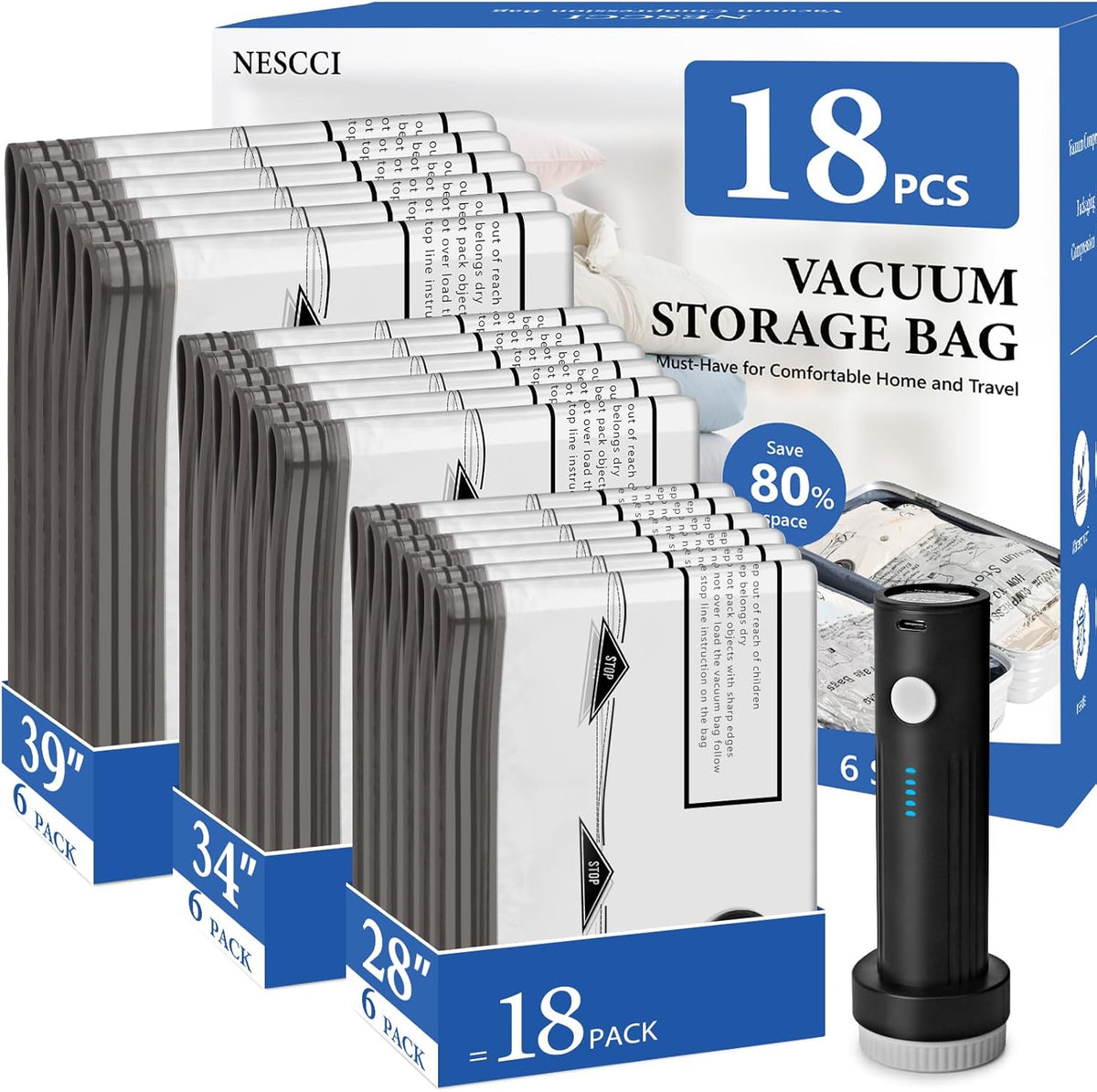 Travel Vacuum Bags for Clothing with Rechargeable Wireless Air Pump,18 Pack Compression Seal Packing Bags for Luggage Suitcase,Carry-on Size Space Saver Vacuum Storage Bags