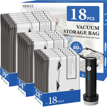Travel Vacuum Bags for Clothing with Rechargeable Wireless Air Pump,18 Pack Compression Seal Packing Bags for Luggage Suitcase,Carry-on Size Space Saver Vacuum Storage Bags