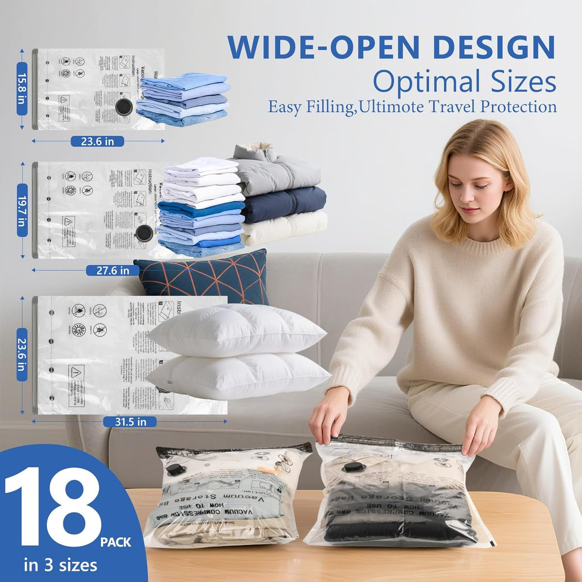 Travel Vacuum Bags for Clothing with Rechargeable Wireless Air Pump,18 Pack Compression Seal Packing Bags for Luggage Suitcase,Carry-on Size Space Saver Vacuum Storage Bags