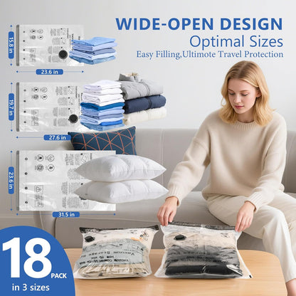Travel Vacuum Bags for Clothing with Rechargeable Wireless Air Pump,18 Pack Compression Seal Packing Bags for Luggage Suitcase,Carry-on Size Space Saver Vacuum Storage Bags