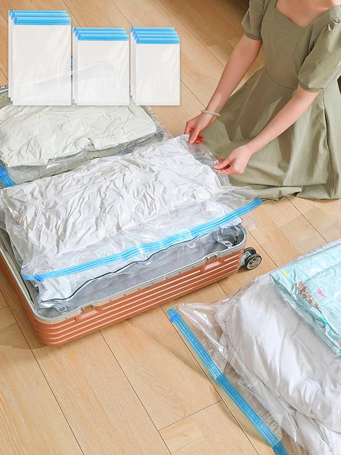 9 Pack Compression Bags for Travel, 3 Size Space Saver Bags(No Pump Needed), Vacuum Seal Storage Bags for Clothes, 20x14”, 20x16”, 24x16”