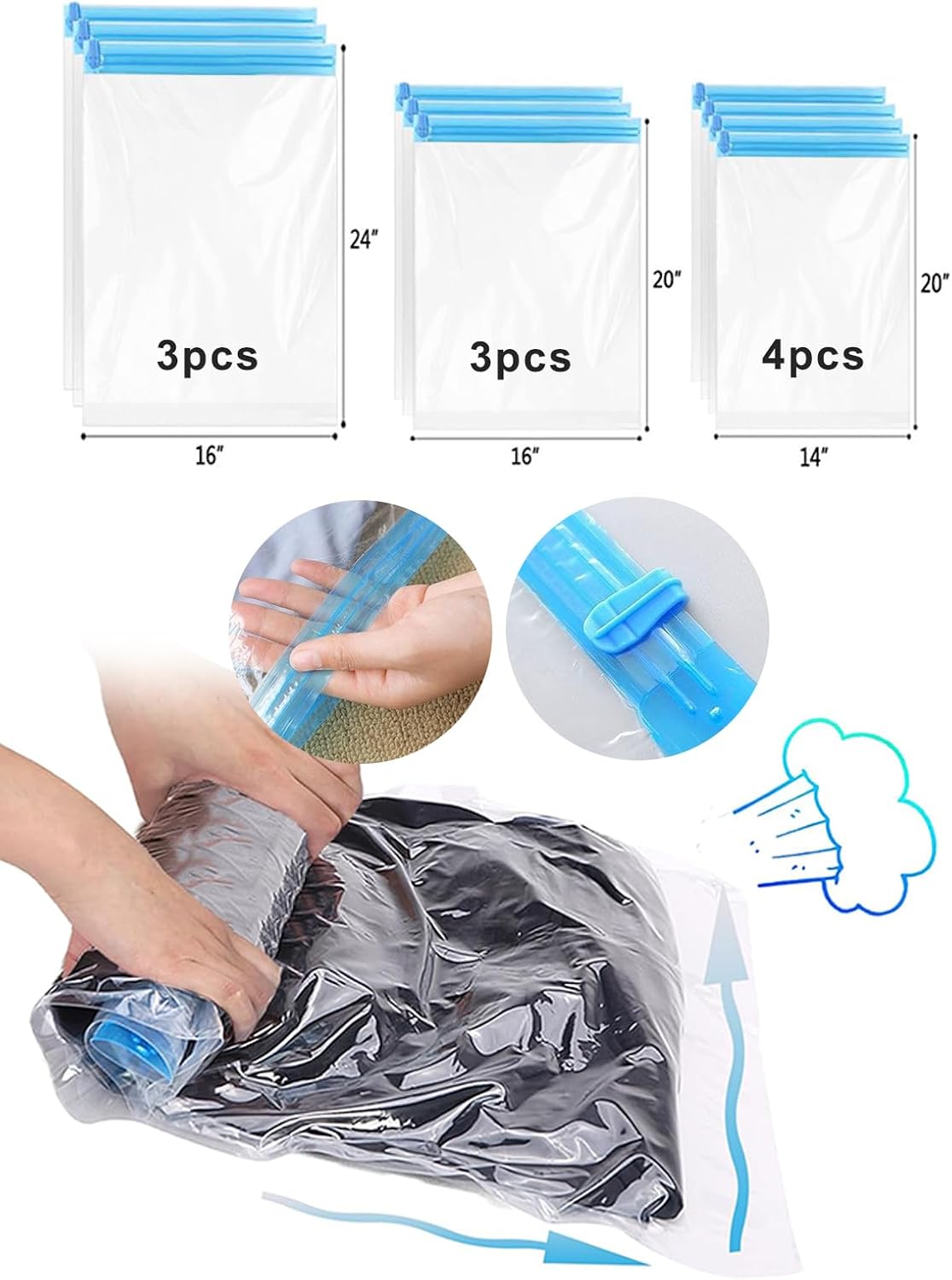 9 Pack Compression Bags for Travel, 3 Size Space Saver Bags(No Pump Needed), Vacuum Seal Storage Bags for Clothes, 20x14”, 20x16”, 24x16”