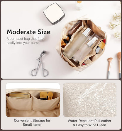 Small Travel Makeup Bag, Vegan Leather Cosmetic Pouch for Purse,Wide-open Toiletry Organizer with Dividers & Zipper, Beauty Storage for Women-Dusty Rose