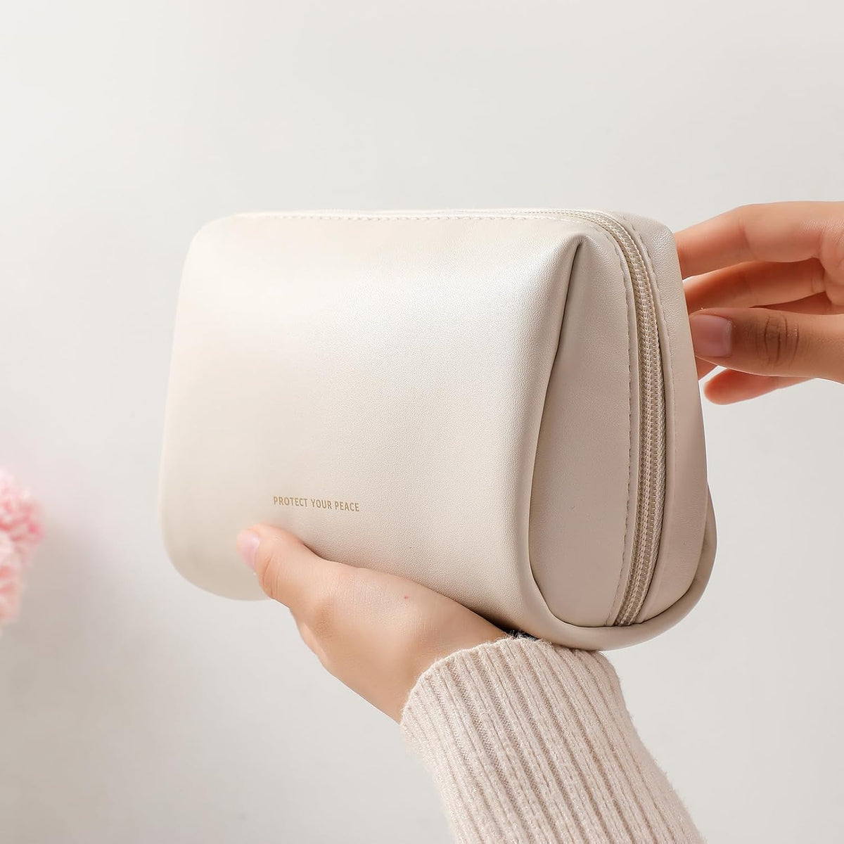 Small Travel Makeup Bag, Vegan Leather Cosmetic Pouch for Purse,Wide-open Toiletry Organizer with Dividers & Zipper, Beauty Storage for Women-Dusty Rose