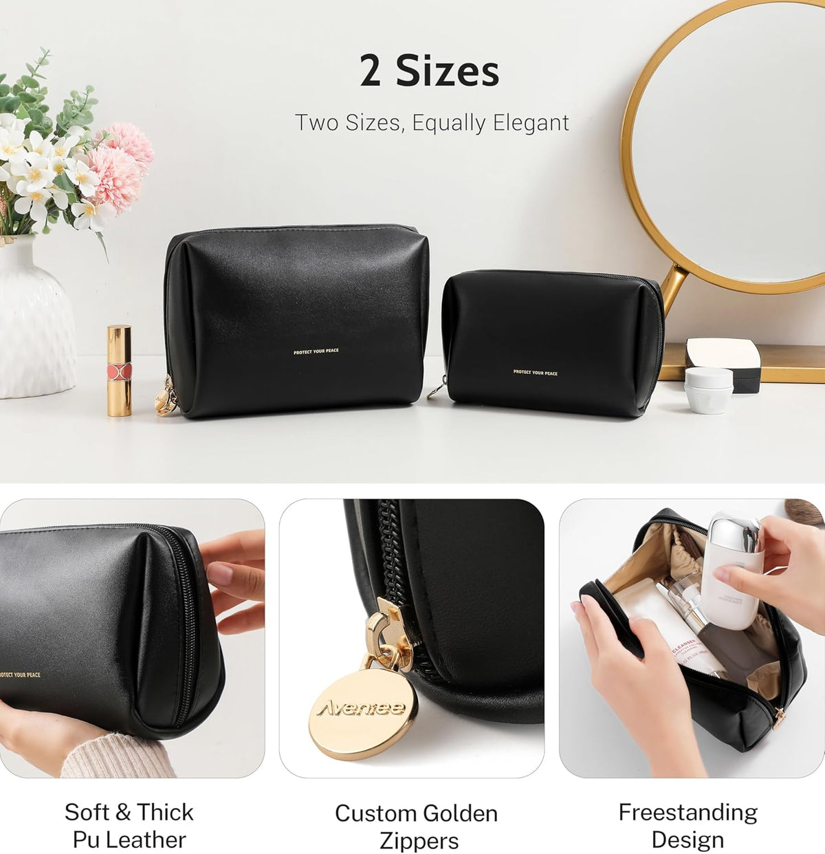 Small Travel Makeup Bag, Vegan Leather Cosmetic Pouch for Purse,Wide-open Toiletry Organizer with Dividers & Zipper, Beauty Storage for Women-Dusty Rose