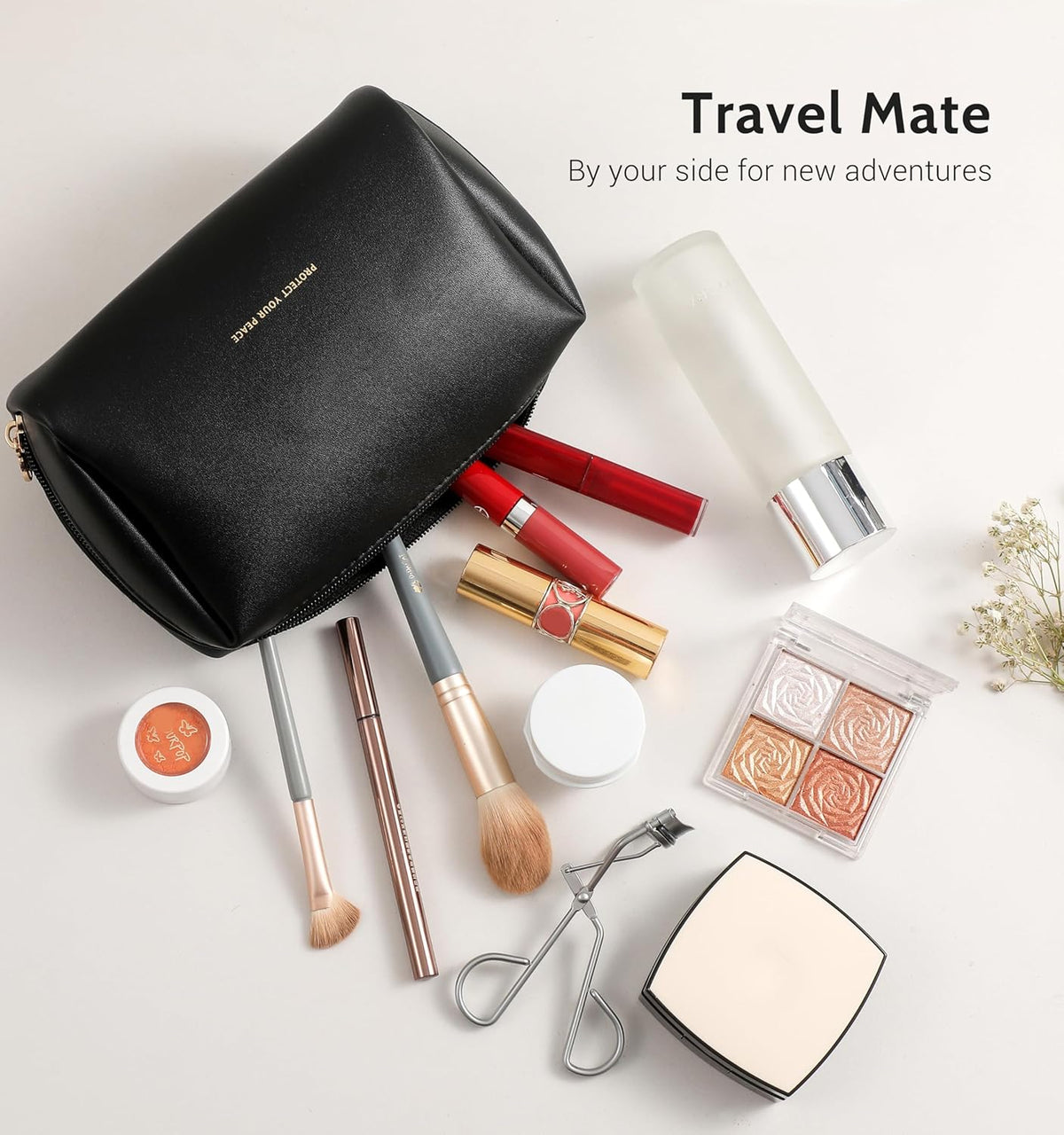 Small Travel Makeup Bag, Vegan Leather Cosmetic Pouch for Purse,Wide-open Toiletry Organizer with Dividers & Zipper, Beauty Storage for Women-Dusty Rose
