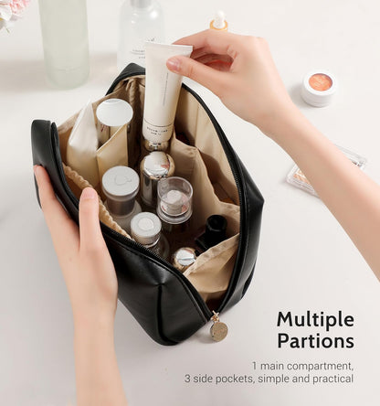 Small Travel Makeup Bag, Vegan Leather Cosmetic Pouch for Purse,Wide-open Toiletry Organizer with Dividers & Zipper, Beauty Storage for Women-Dusty Rose