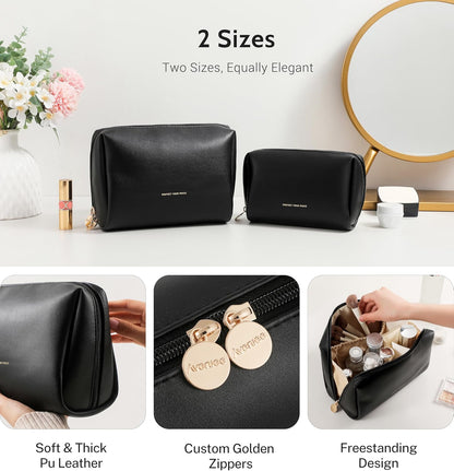 Small Travel Makeup Bag, Vegan Leather Cosmetic Pouch for Purse,Wide-open Toiletry Organizer with Dividers & Zipper, Beauty Storage for Women-Dusty Rose