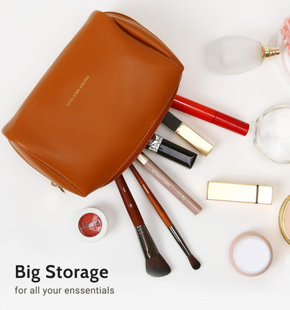 Small Travel Makeup Bag, Vegan Leather Cosmetic Pouch for Purse,Wide-open Toiletry Organizer with Dividers & Zipper, Beauty Storage for Women-Dusty Rose