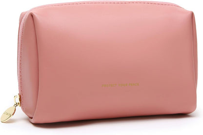 Small Travel Makeup Bag, Vegan Leather Cosmetic Pouch for Purse,Wide-open Toiletry Organizer with Dividers & Zipper, Beauty Storage for Women-Dusty Rose