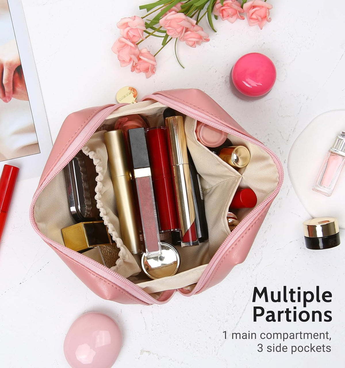 Small Travel Makeup Bag, Vegan Leather Cosmetic Pouch for Purse,Wide-open Toiletry Organizer with Dividers & Zipper, Beauty Storage for Women-Dusty Rose