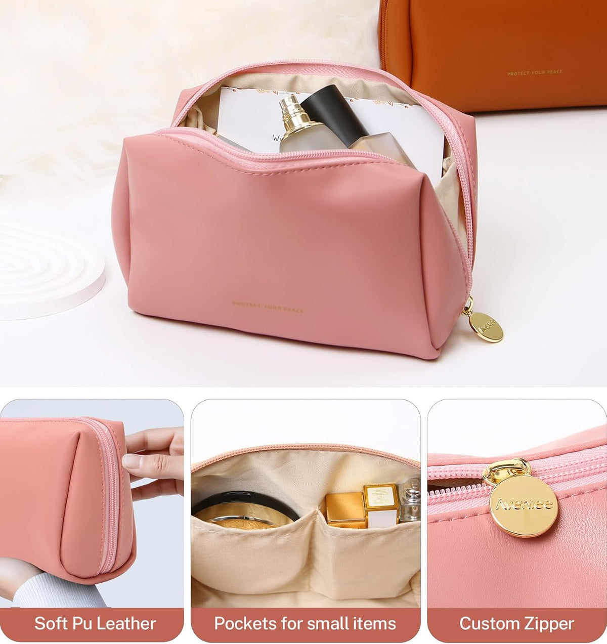 Small Travel Makeup Bag, Vegan Leather Cosmetic Pouch for Purse,Wide-open Toiletry Organizer with Dividers & Zipper, Beauty Storage for Women-Dusty Rose