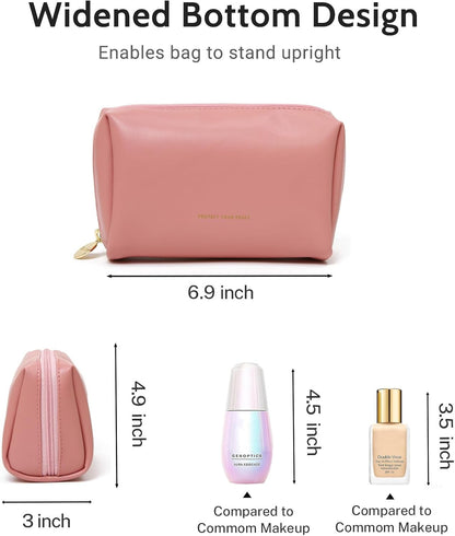 Small Travel Makeup Bag, Vegan Leather Cosmetic Pouch for Purse,Wide-open Toiletry Organizer with Dividers & Zipper, Beauty Storage for Women-Dusty Rose