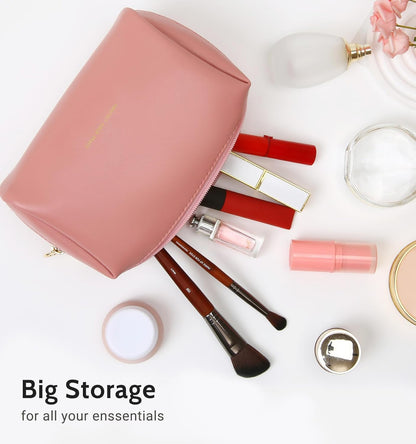 Small Travel Makeup Bag, Vegan Leather Cosmetic Pouch for Purse,Wide-open Toiletry Organizer with Dividers & Zipper, Beauty Storage for Women-Dusty Rose