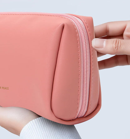 Small Travel Makeup Bag, Vegan Leather Cosmetic Pouch for Purse,Wide-open Toiletry Organizer with Dividers & Zipper, Beauty Storage for Women-Dusty Rose