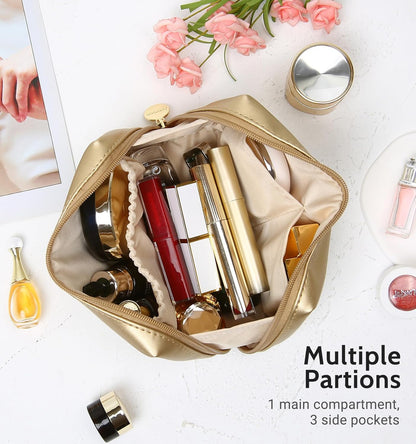 Small Travel Makeup Bag, Vegan Leather Cosmetic Pouch for Purse,Wide-open Toiletry Organizer with Dividers & Zipper, Beauty Storage for Women-Dusty Rose