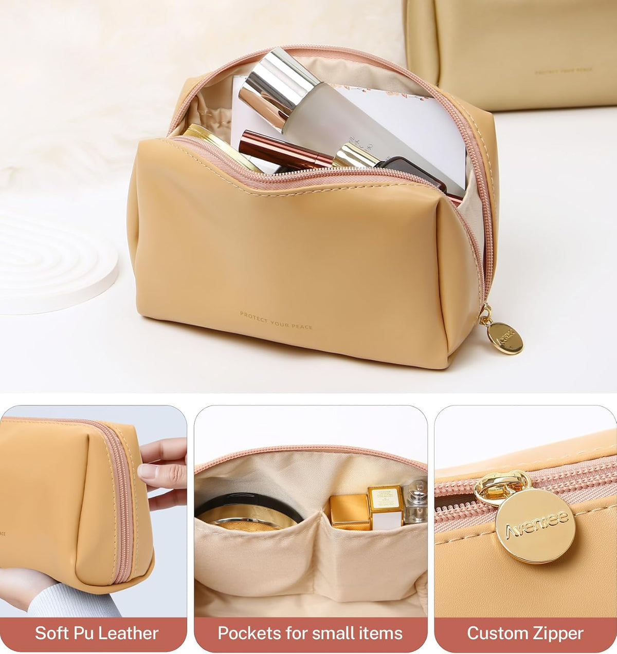 Small Travel Makeup Bag, Vegan Leather Cosmetic Pouch for Purse,Wide-open Toiletry Organizer with Dividers & Zipper, Beauty Storage for Women-Dusty Rose