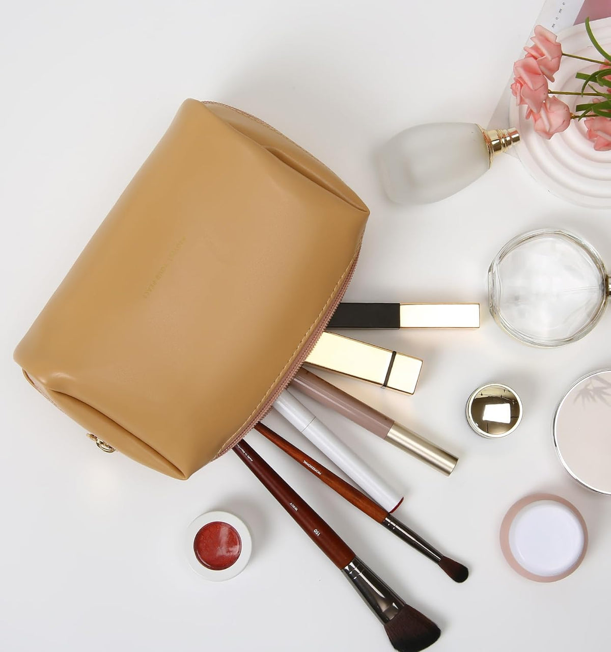 Small Travel Makeup Bag, Vegan Leather Cosmetic Pouch for Purse,Wide-open Toiletry Organizer with Dividers & Zipper, Beauty Storage for Women-Dusty Rose