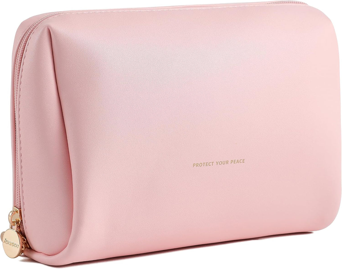 Small Travel Makeup Bag, Vegan Leather Cosmetic Pouch for Purse,Wide-open Toiletry Organizer with Dividers & Zipper, Beauty Storage for Women-Dusty Rose
