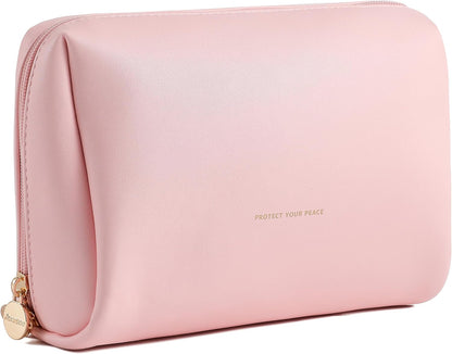 Small Travel Makeup Bag, Vegan Leather Cosmetic Pouch for Purse,Wide-open Toiletry Organizer with Dividers & Zipper, Beauty Storage for Women-Dusty Rose