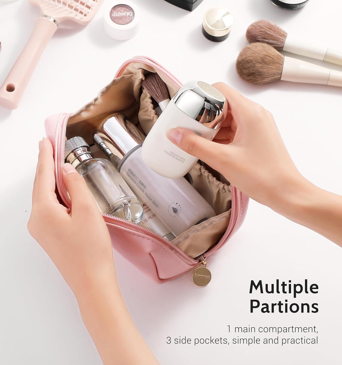 Small Travel Makeup Bag, Vegan Leather Cosmetic Pouch for Purse,Wide-open Toiletry Organizer with Dividers & Zipper, Beauty Storage for Women-Dusty Rose