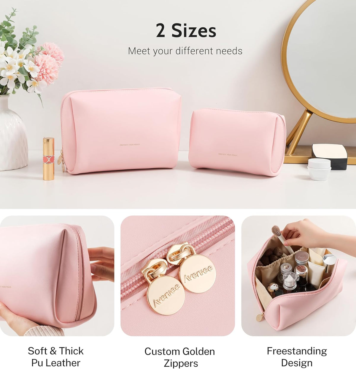 Small Travel Makeup Bag, Vegan Leather Cosmetic Pouch for Purse,Wide-open Toiletry Organizer with Dividers & Zipper, Beauty Storage for Women-Dusty Rose