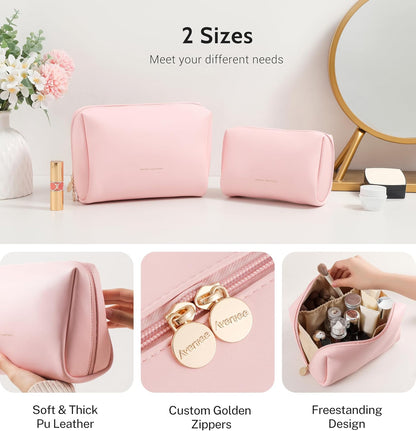 Small Travel Makeup Bag, Vegan Leather Cosmetic Pouch for Purse,Wide-open Toiletry Organizer with Dividers & Zipper, Beauty Storage for Women-Dusty Rose