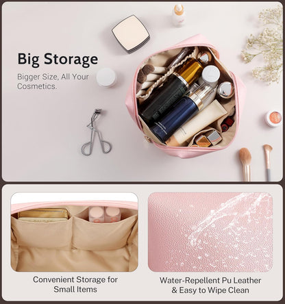 Small Travel Makeup Bag, Vegan Leather Cosmetic Pouch for Purse,Wide-open Toiletry Organizer with Dividers & Zipper, Beauty Storage for Women-Dusty Rose