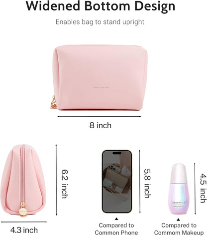 Small Travel Makeup Bag, Vegan Leather Cosmetic Pouch for Purse,Wide-open Toiletry Organizer with Dividers & Zipper, Beauty Storage for Women-Dusty Rose