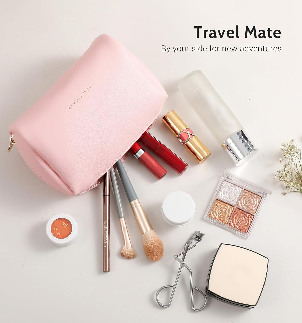 Small Travel Makeup Bag, Vegan Leather Cosmetic Pouch for Purse,Wide-open Toiletry Organizer with Dividers & Zipper, Beauty Storage for Women-Dusty Rose