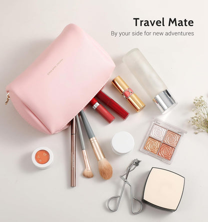 Small Travel Makeup Bag, Vegan Leather Cosmetic Pouch for Purse,Wide-open Toiletry Organizer with Dividers & Zipper, Beauty Storage for Women-Dusty Rose