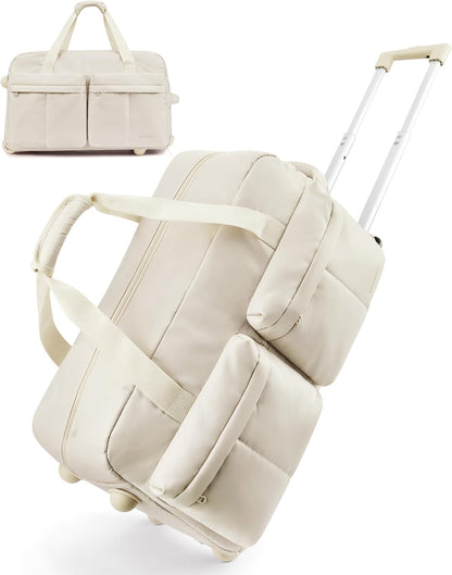 42L Rolling Duffle Bag with Wheels, Carry On Bag Duffel Bag for Travel, Wet Pocket Duffle Bag with Wheels and Handle, Beige