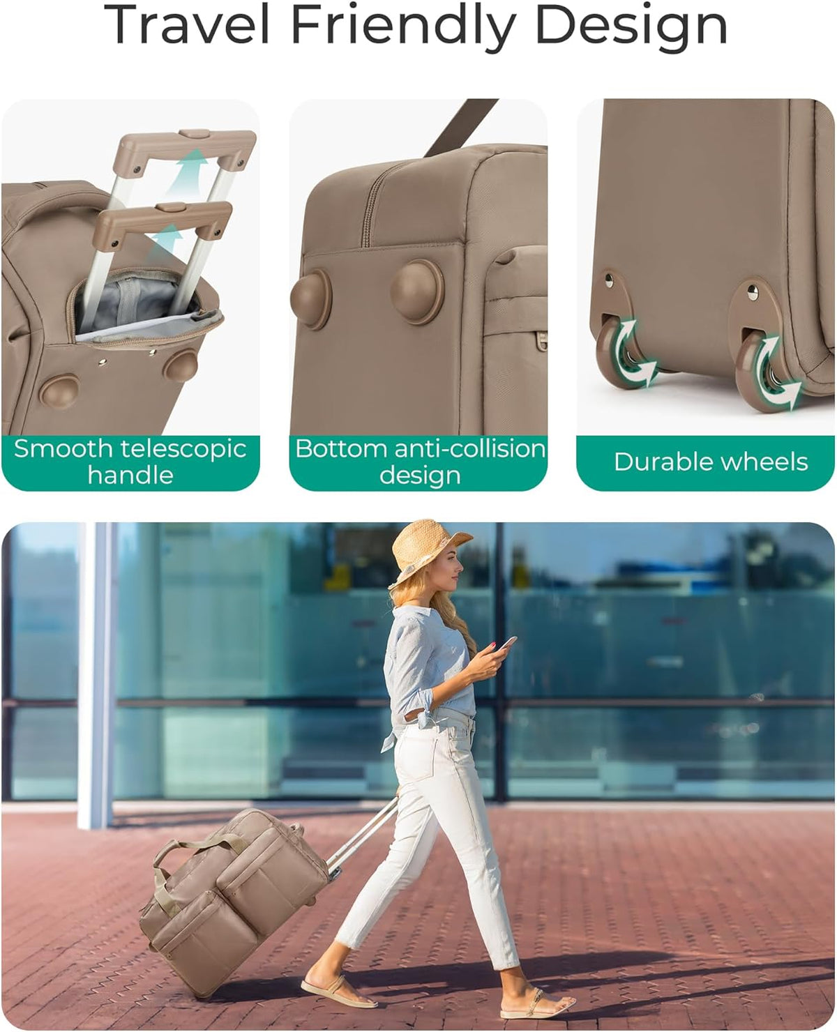 42L Rolling Duffle Bag with Wheels, Carry On Bag Duffel Bag for Travel, Wet Pocket Duffle Bag with Wheels and Handle, Beige