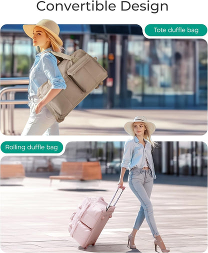42L Rolling Duffle Bag with Wheels, Carry On Bag Duffel Bag for Travel, Wet Pocket Duffle Bag with Wheels and Handle, Beige